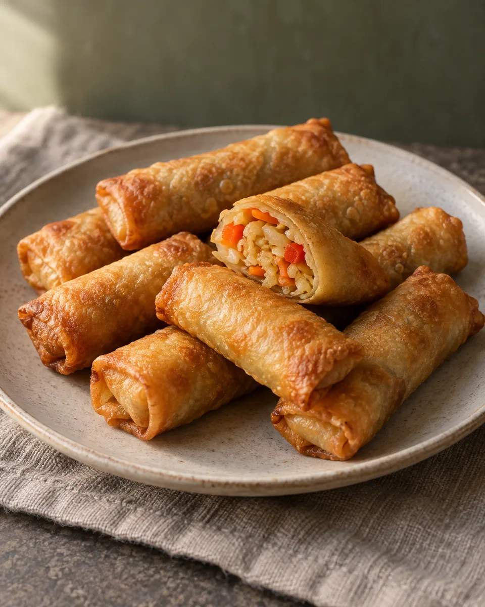 Acht goldene Frühlingsrollen, eine mit Kohl, Möhren und Paprika aufgeschnitten