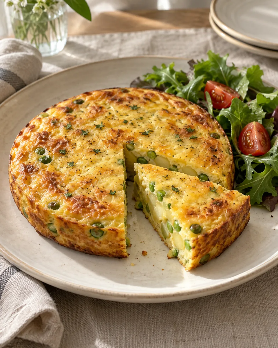 Airfryer-Kartoffel-Frittata mit grünem Salat, passend zu den beschriebenen Zutaten angerichtet. KI-generierte Rezeptillustration.