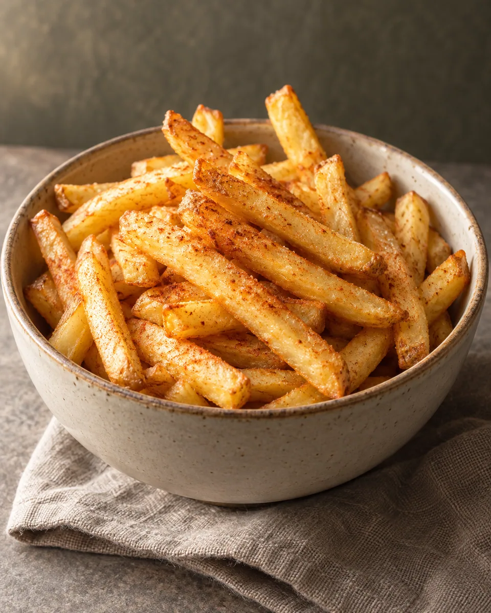 Goldgelbe selbst geschnittene Pommes mit feinen Paprikaspuren