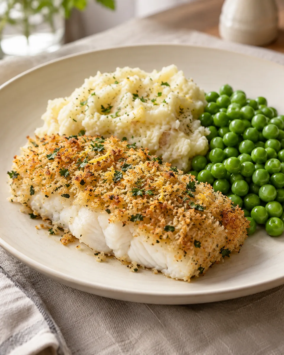 Airfryer-Seelachs mit Kräuterkruste und Kartoffelstampf, passend zu den beschriebenen Zutaten angerichtet. KI-generierte Rezeptillustration.
