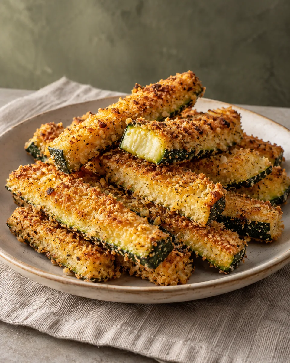 Längliche Zucchini-Sticks mit goldener Parmesan-Bröselhülle und grünen Schalenkanten