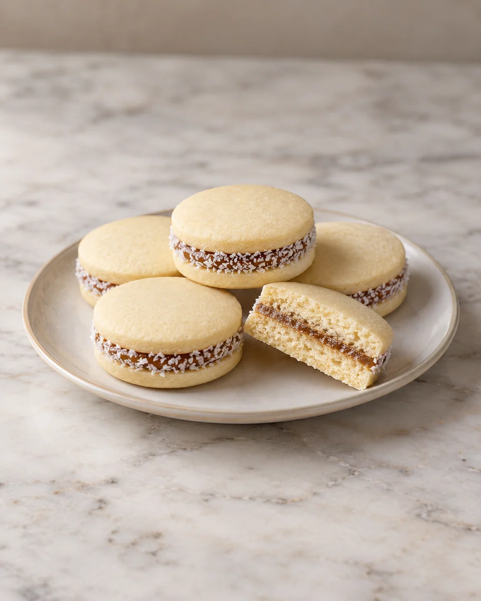 Helle Alfajores mit bernsteinfarbener Milchkaramellfüllung und weißem Kokosrand