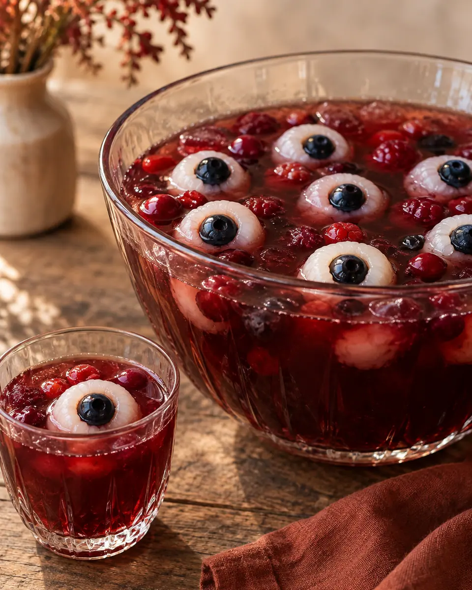 Dunkelrote Bowle mit Himbeeren, Johannisbeeren und weißen Litschi-Augen mit Blaubeerpupillen