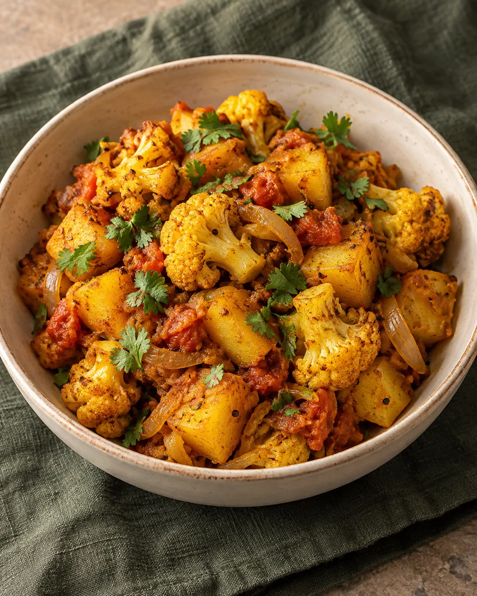 Aloo Gobi mit goldgelben Kartoffelwürfeln und Blumenkohlröschen