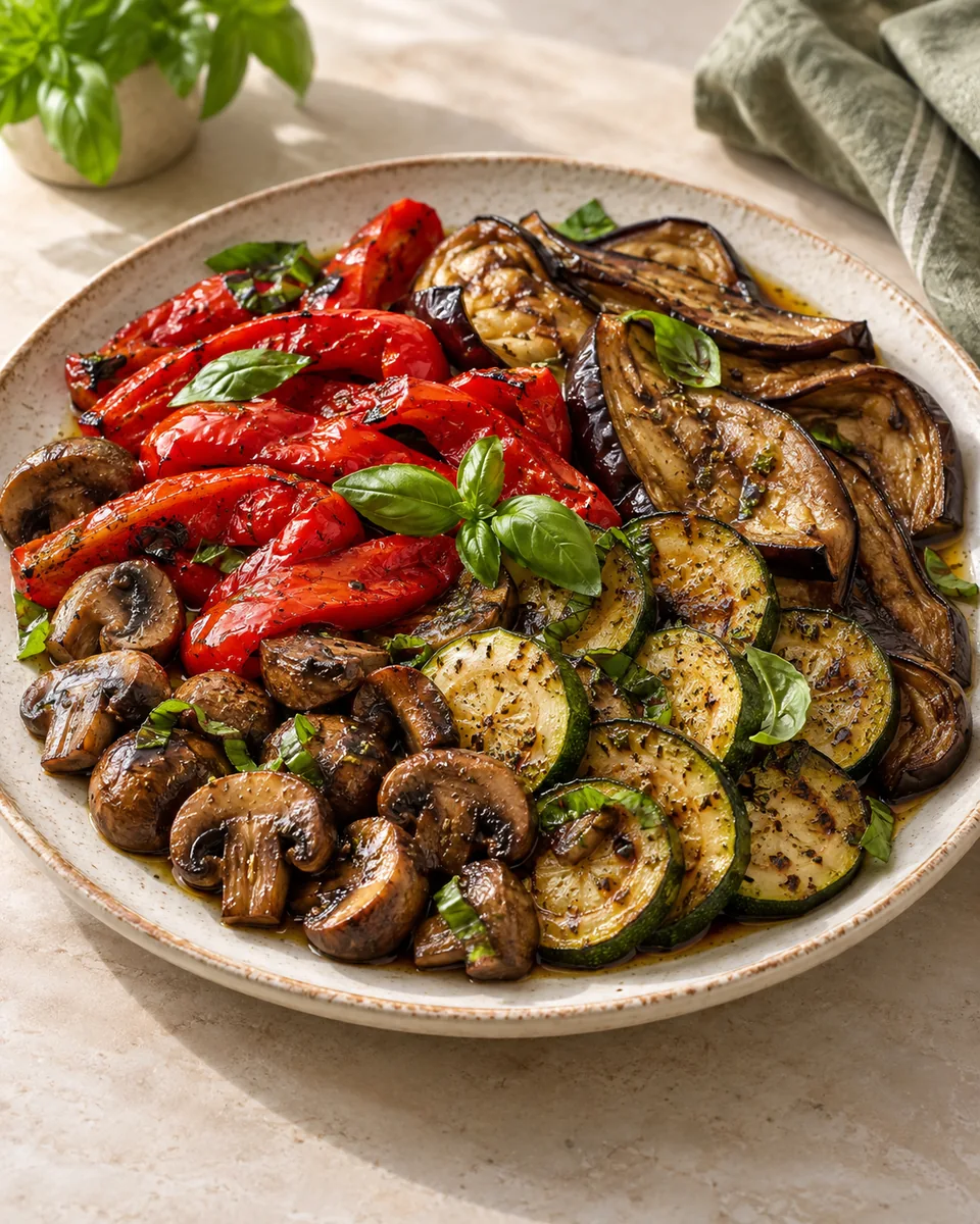 Antipasti aus dem Ofen mit Balsamico-Marinade – appetitlich angerichtete Rezeptillustration