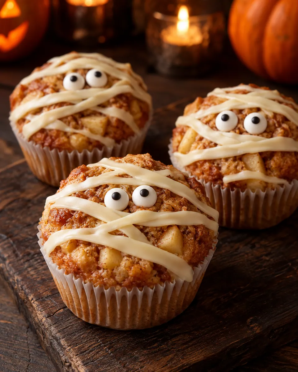 Goldene Apfelmuffins mit weißen Schokoladenbändern und je zwei Zuckeraugen