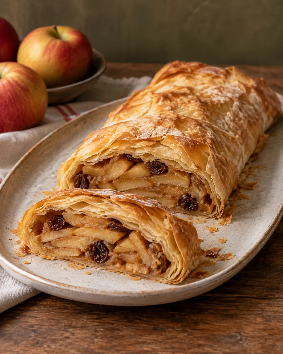 Angeschnittener Apfelstrudel mit dünner goldbrauner Teighülle, Apfelstücken und Rosinen