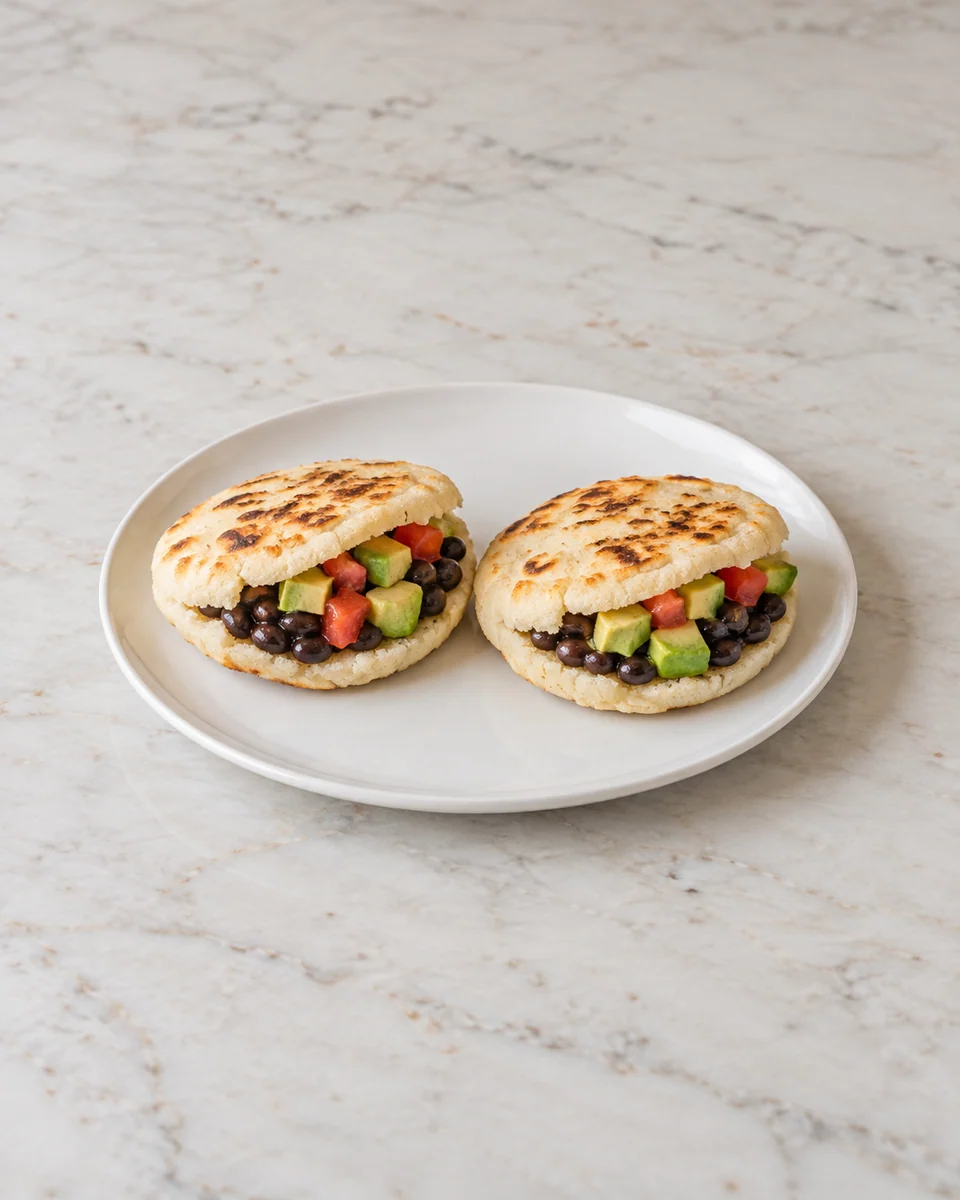 KI-generierte Rezeptdarstellung: Zwei runde goldbraun gefleckte Arepas aus weißem vorgekochtem Maismehl, etwa 9 cm breit, seitlich geöffnet und sichtbar mit schwarzen Bohnen, Avocadostücken und kleinen roten Tomatenwürfeln gefüllt; keine Kräuter, Käse oder zusätzlichen Saucen.