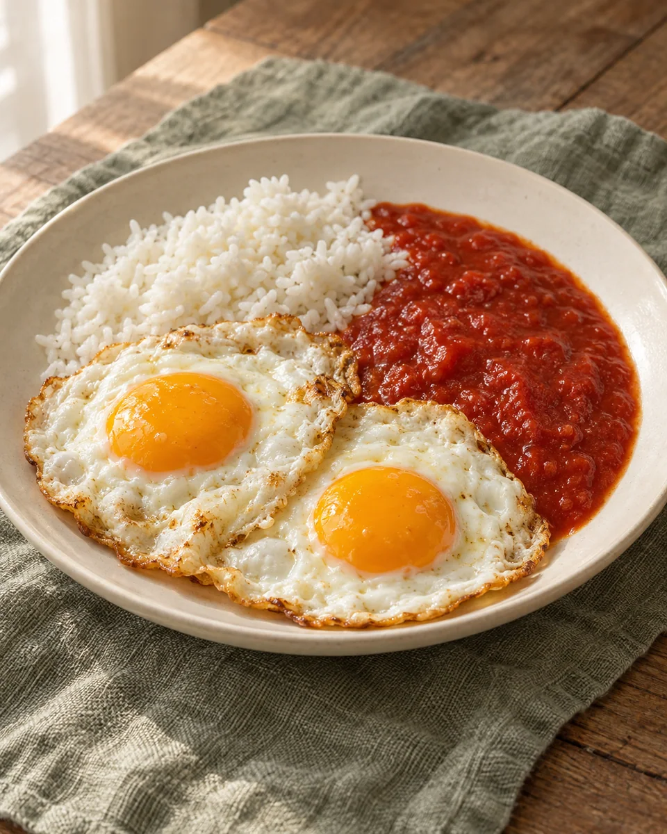 Reis mit Tomatensauce und Spiegelei nach Arroz-Cubana-Art – KI-generierte Rezeptillustration