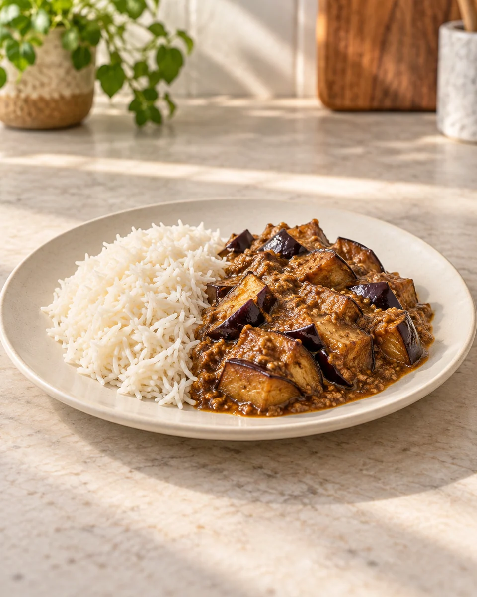 KI-generierte Rezeptdarstellung: Geröstete Auberginenstücke in einer braunen Walnuss-Granatapfelsauce mit weißem Basmati-Reis.
