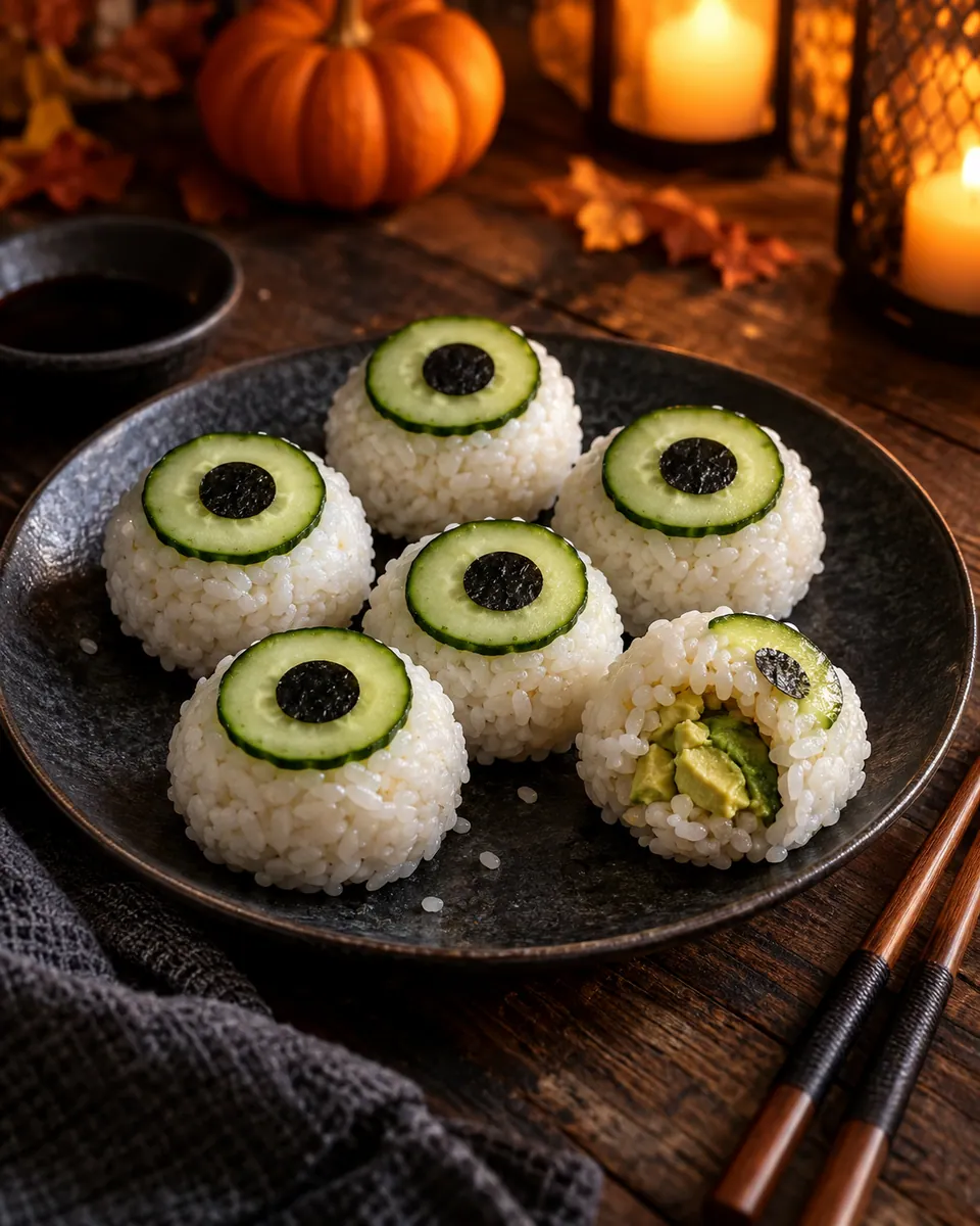 Weiße Sushi-Reisbällchen mit grüner Gurkeniris und schwarzer Nori-Pupille