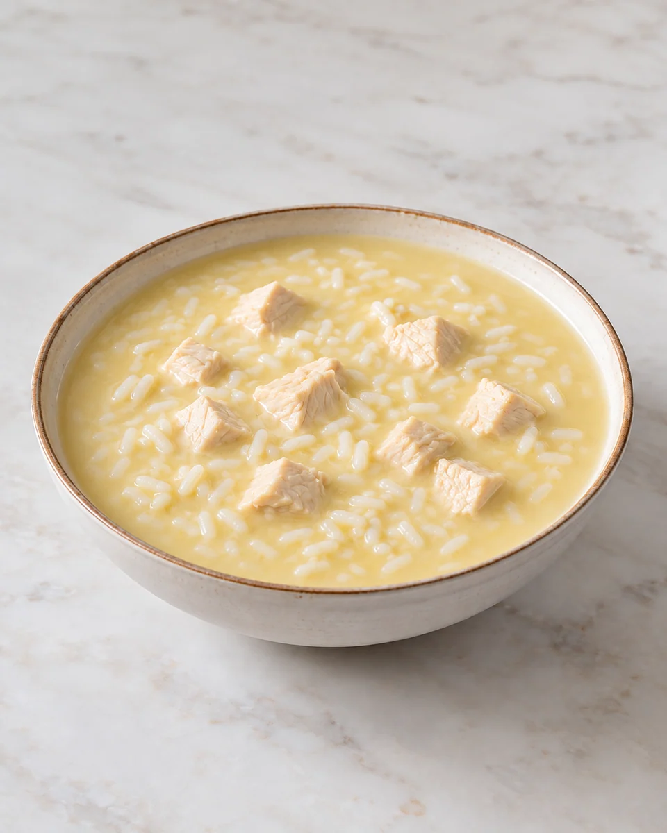 KI-generierte Rezeptdarstellung: Helle Zitronen-Hühnersuppe mit sichtbaren Reiskörnern, gegarten Hähnchenstücken und cremiger Ei-Bindung in einer tiefen Schale.