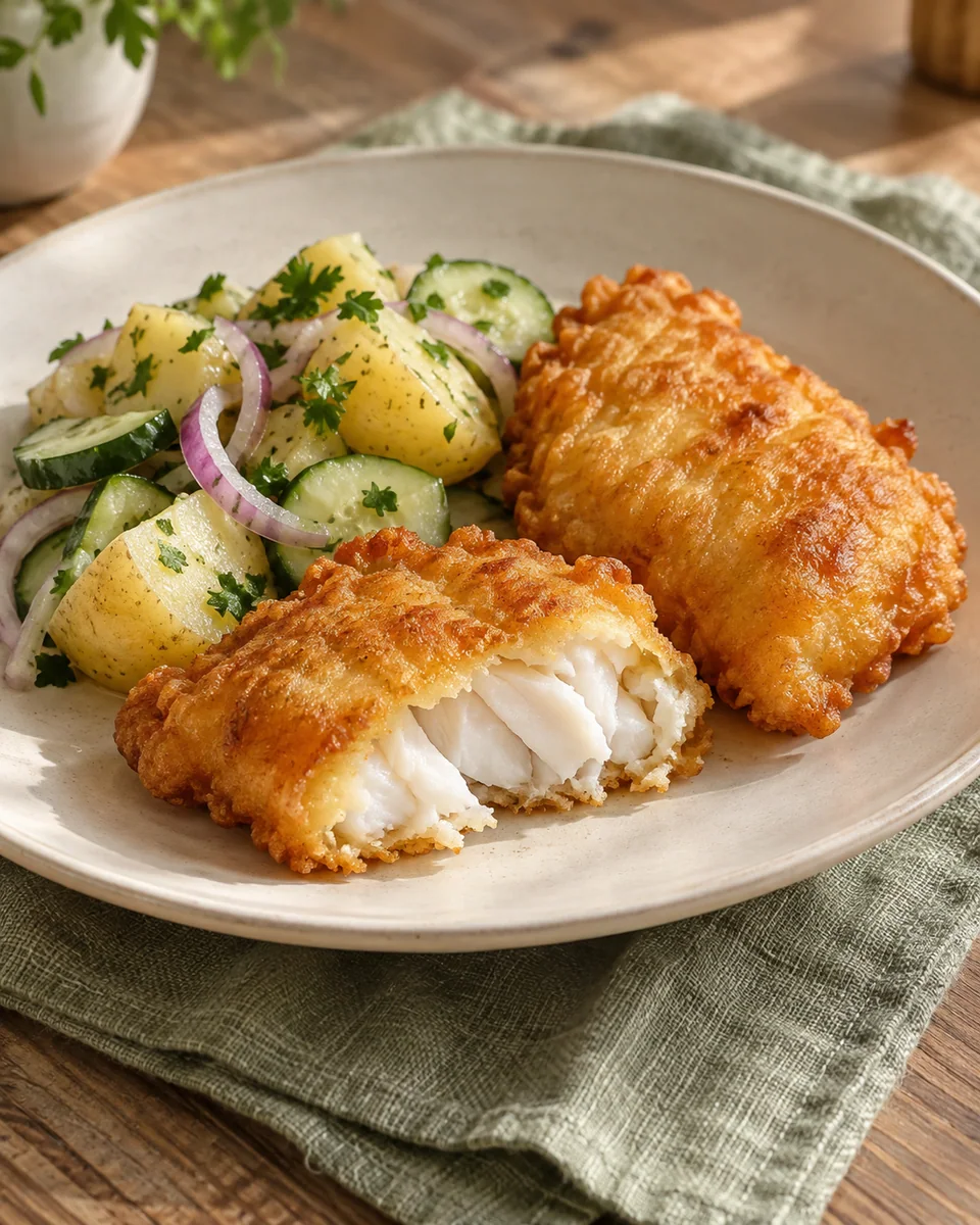 Backfisch im Ausbackteig mit Kartoffelsalat – KI-generierte Rezeptillustration