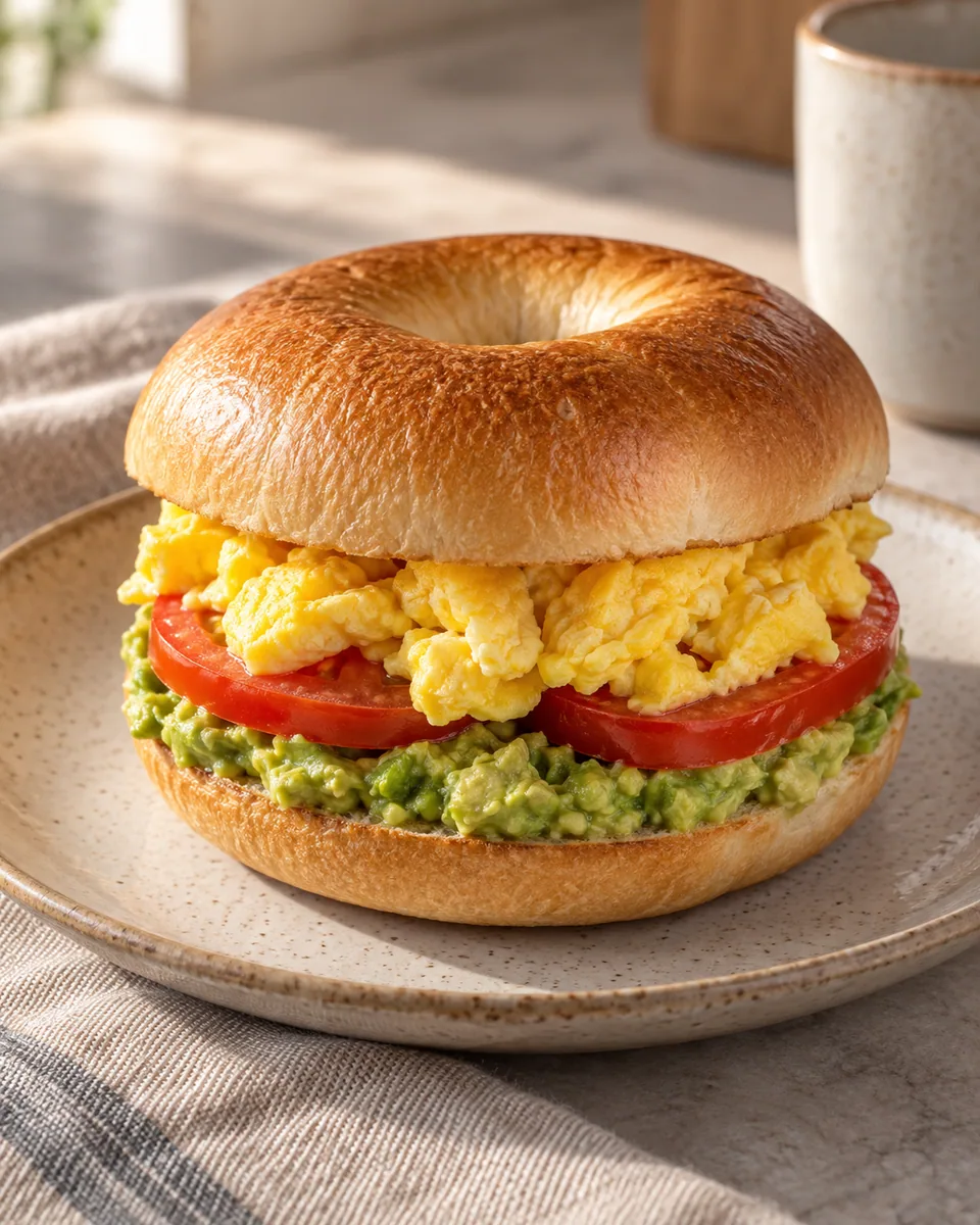 Naturbagel mit Avocadocreme, Tomatenscheiben und gegartem Ei