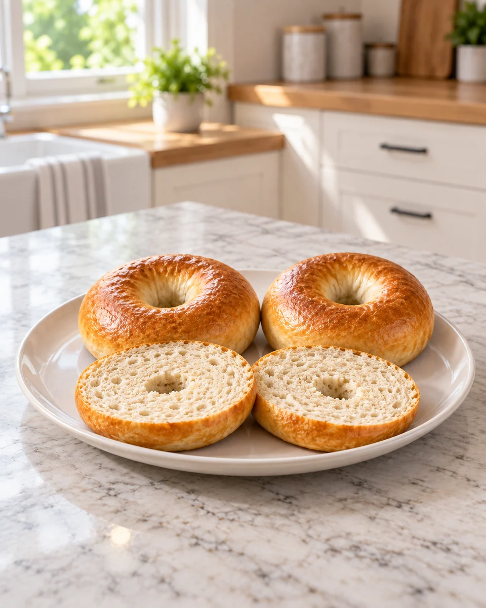 KI-generierte Darstellung: goldbraune naturbelassene Bagels mit klarer Ringöffnung