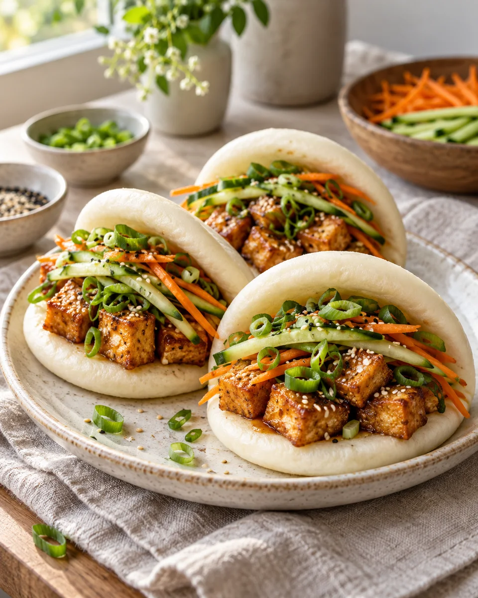Bao Buns mit knusprigem Tofu und Gurke, als fertiges Gericht angerichtet. KI-generierte Rezeptillustration.