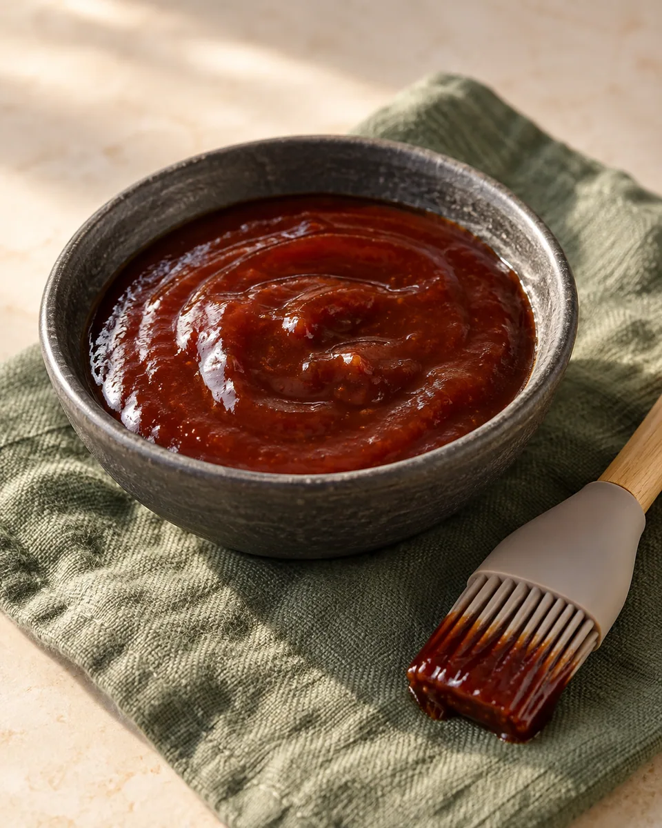 Dicke rotbraune BBQ-Sauce in einer Schale neben einem sauberen Backpinsel