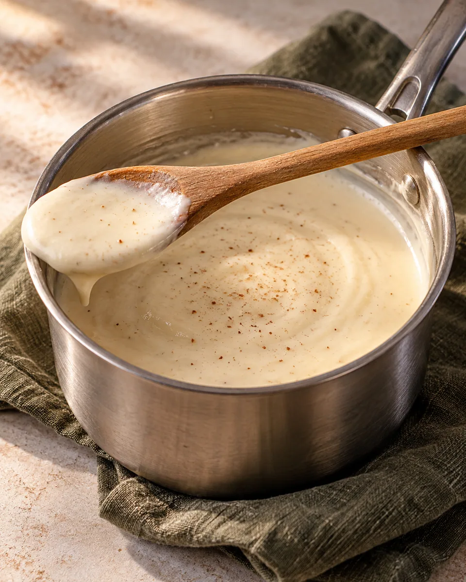 Helle samtige Béchamelsauce auf einem Holzlöffel über einem kleinen Topf