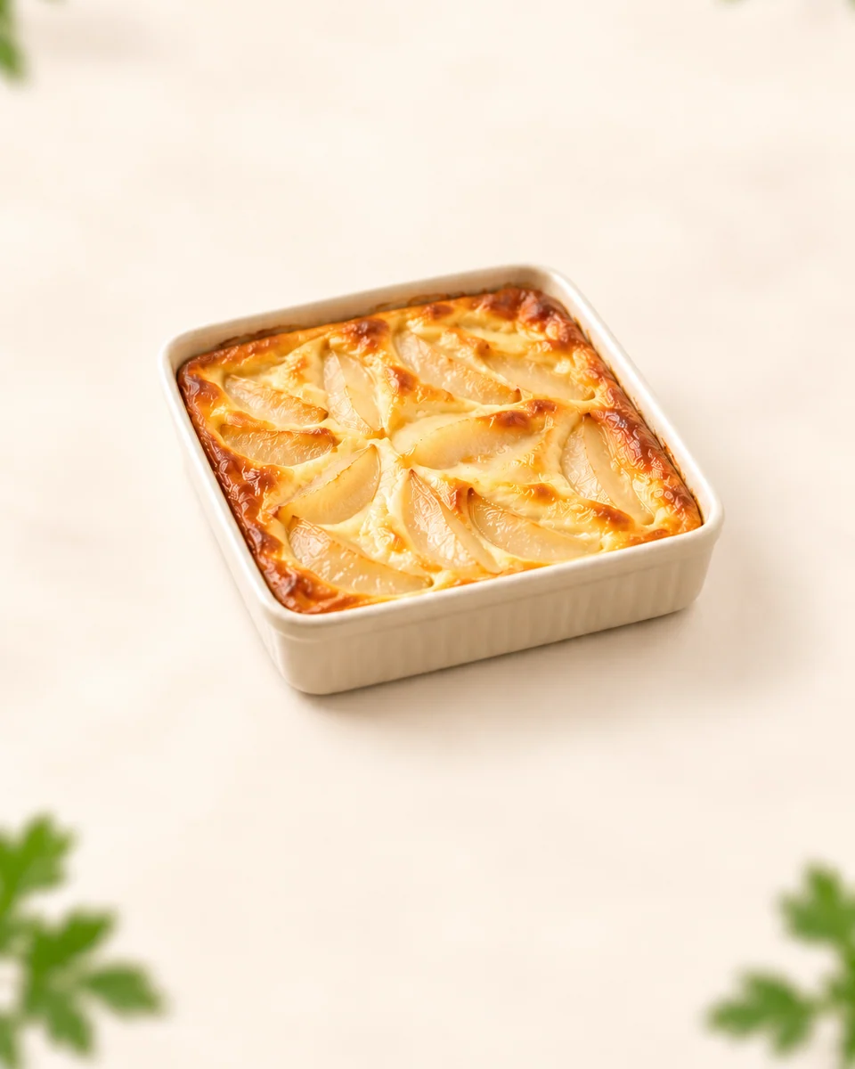 KI-generierte Darstellung eines goldgelb gebackenen Birnen-Clafoutis mit vollständig gestocktem Guss