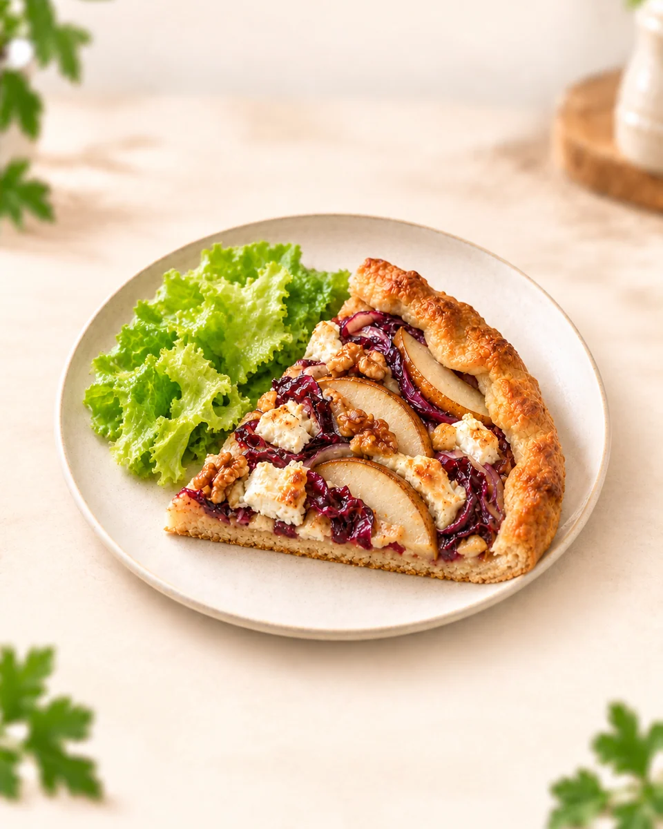 KI-generierte Darstellung: Ein Viertel herzhafter Galette mit Birnenspalten, Radicchio, Ziegenkäse und Walnüssen neben grünem Salat