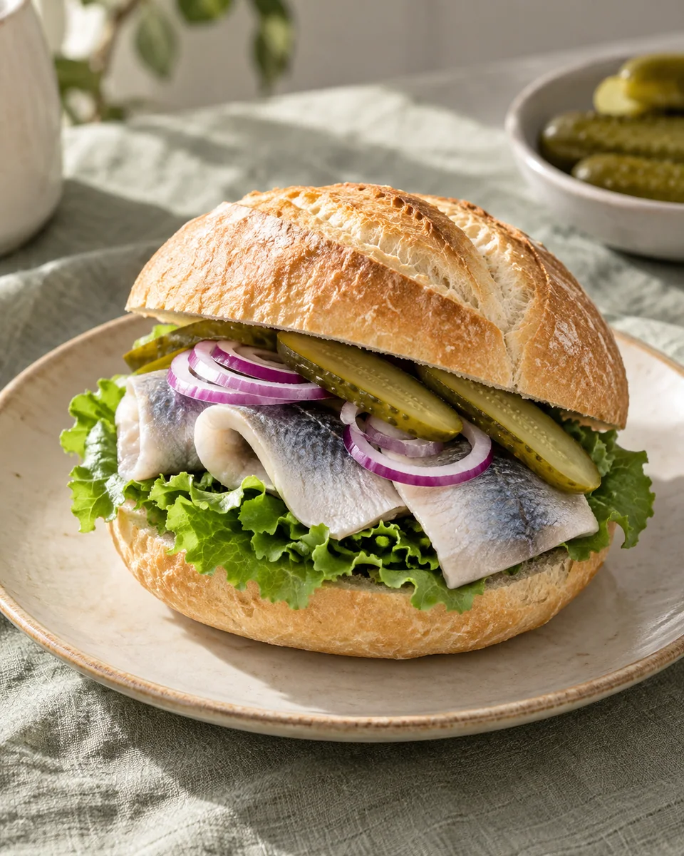 Fischbrötchen mit Bismarckhering und Zwiebeln – KI-generierte Rezeptillustration