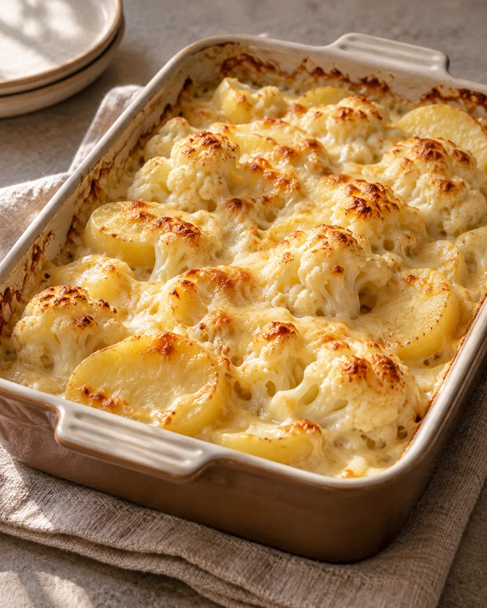 Blumenkohl-Kartoffel-Auflauf mit heller Sauce und goldener Käsekruste