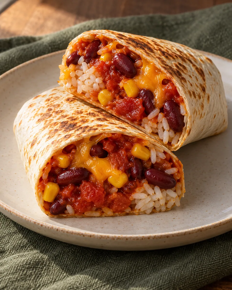 Angeröstete Bohnen-Burritos mit Reis, Mais und Käse im Anschnitt