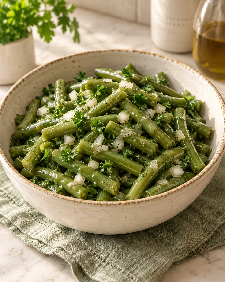 Klassischer grüner Bohnensalat mit Zwiebeln – appetitlich angerichtete Rezeptillustration
