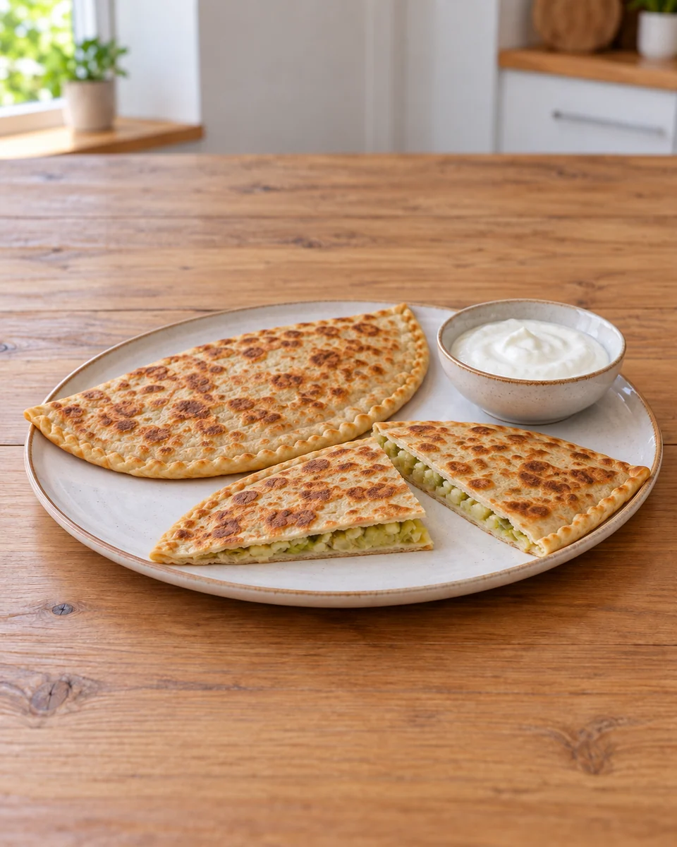 KI-generierte Rezeptdarstellung: Zwei goldbraune gefüllte Teighalbmonde mit Kartoffel-Lauch-Füllung und Knoblauch-Zitronen-Joghurt.