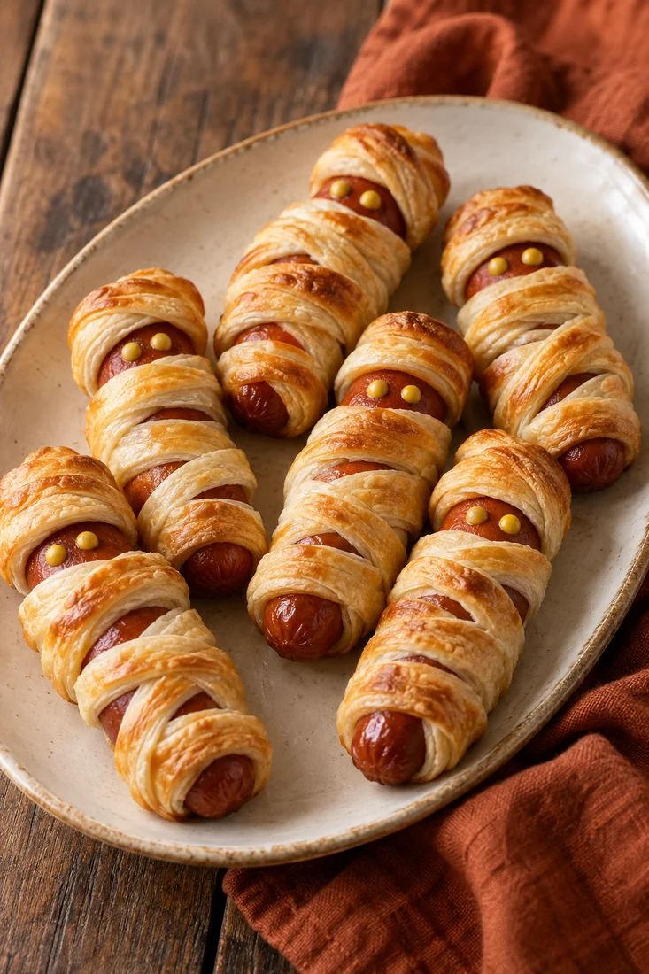 Mumien-Würstchen mit Blätterteigbandagen und kleinen Augen