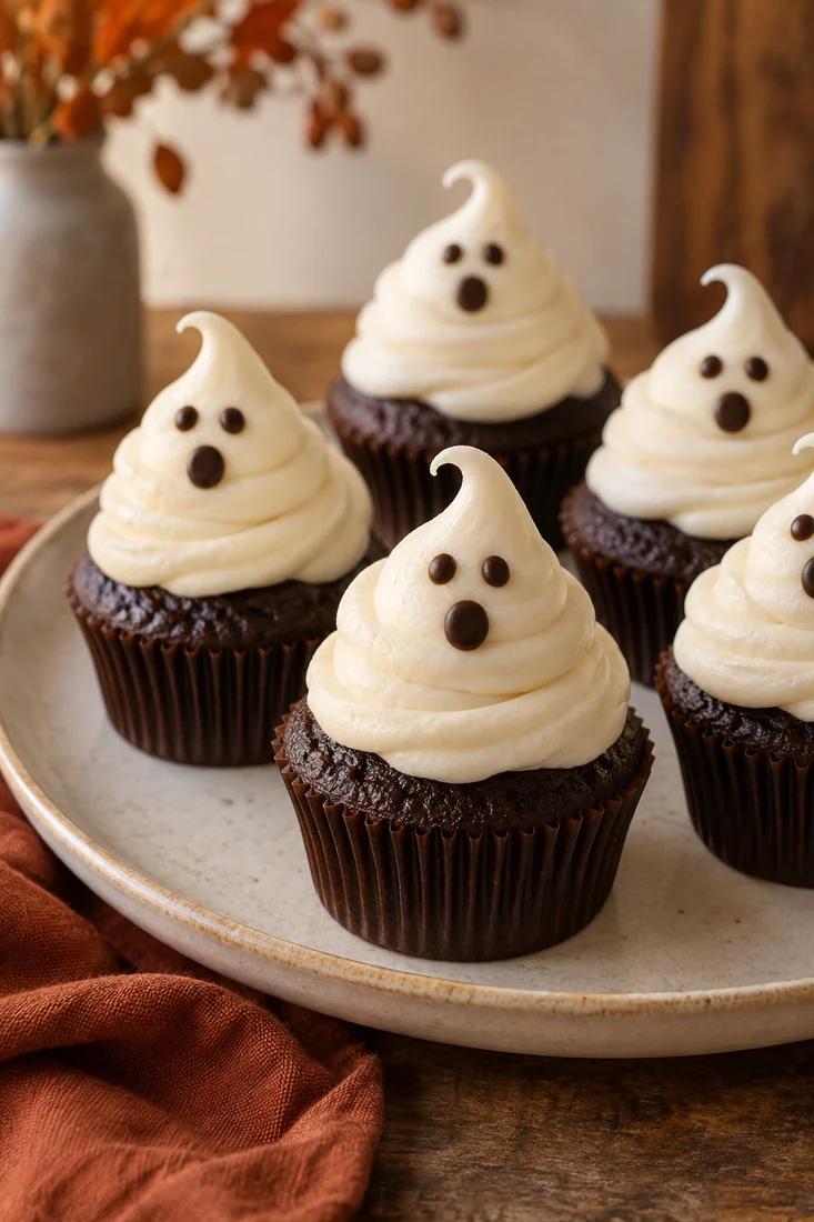 Schokoladen-Cupcakes mit weißen Geistern als Topping