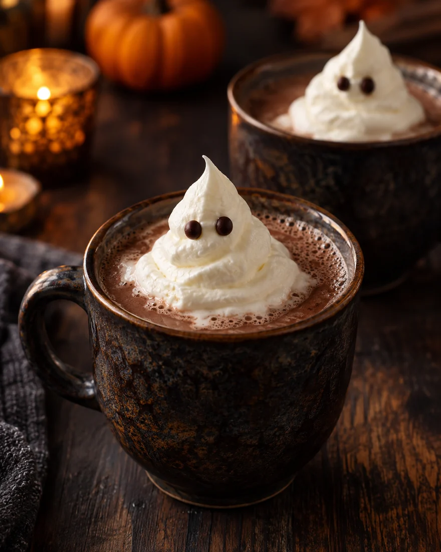 Warmer Geister-Kakao mit weißem Geistertopping in einer Tasse