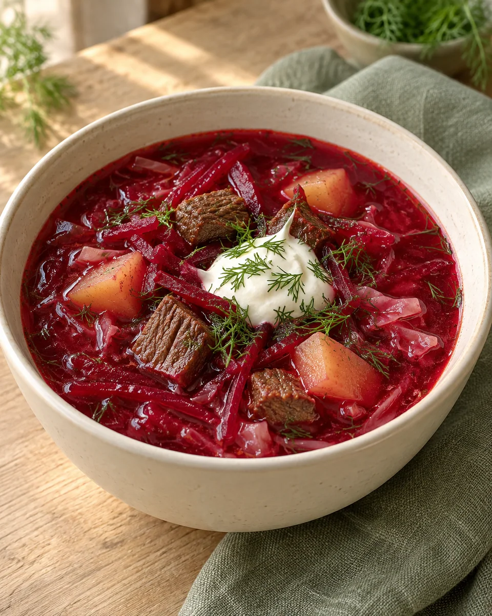 Borschtsch mit Rindfleisch und Roter Bete – KI-generierte Rezeptillustration