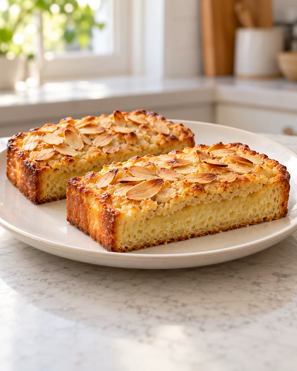 KI-generierte Darstellung: Brioche-Scheiben mit goldbraun gebackener Mandelcreme und Mandelblättchen
