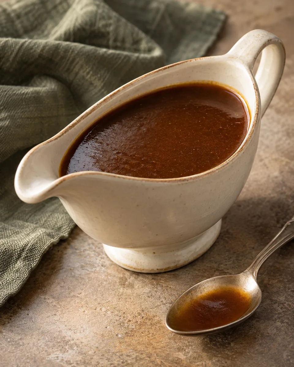 Dunkle glatte Bratensauce in einer kleinen cremefarbenen Sauciere