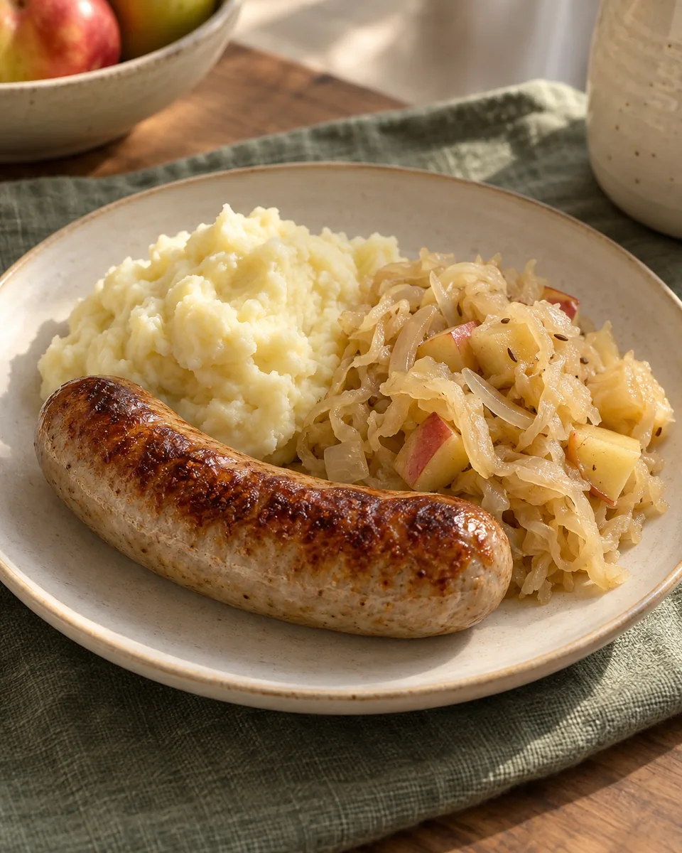 Bratwurst mit Sauerkraut und Kartoffelpüree – KI-generierte Rezeptillustration