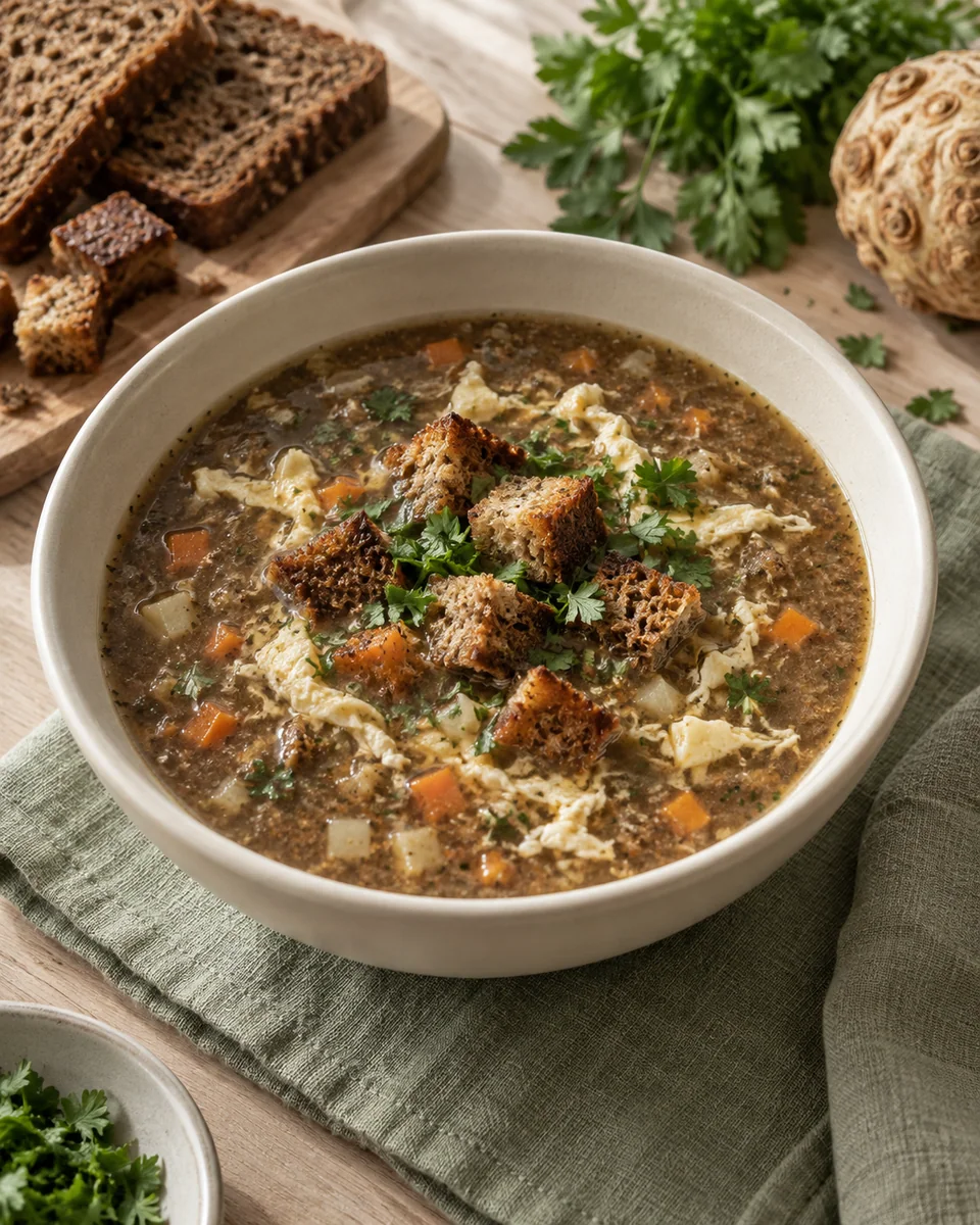 Herzhafte Brotsuppe mit Knoblauch und Ei – KI-generierte Rezeptillustration