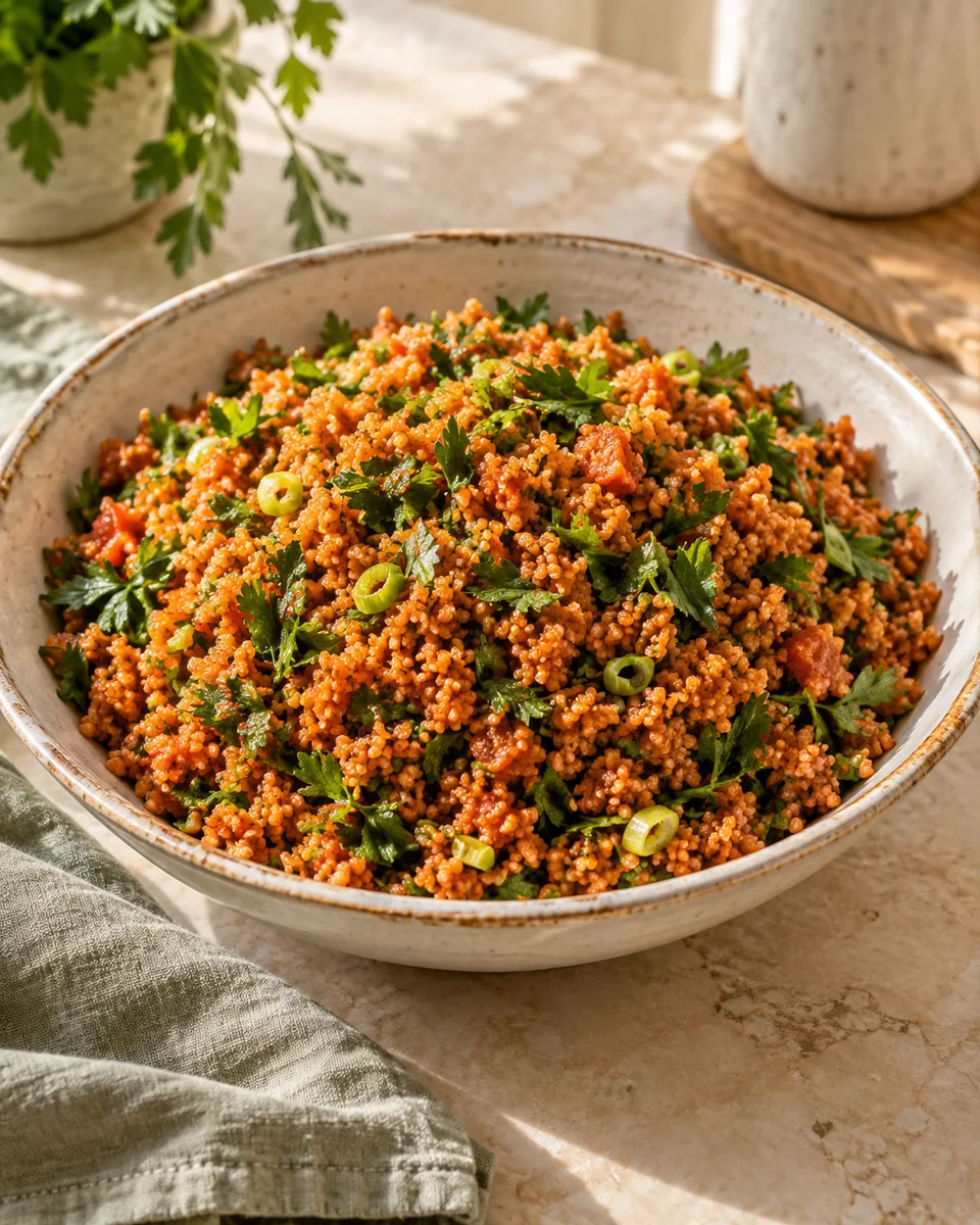 Würziger Bulgursalat nach Kisir-Art – appetitlich angerichtete Rezeptillustration