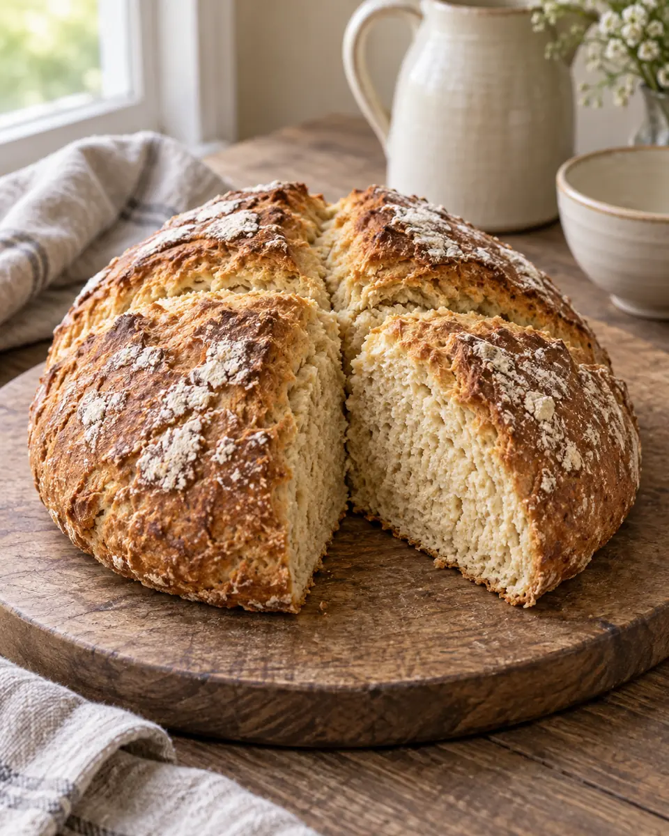 Buttermilch-Sodabrot ohne Hefe, passend zu den beschriebenen Zutaten angerichtet. KI-generierte Rezeptillustration.
