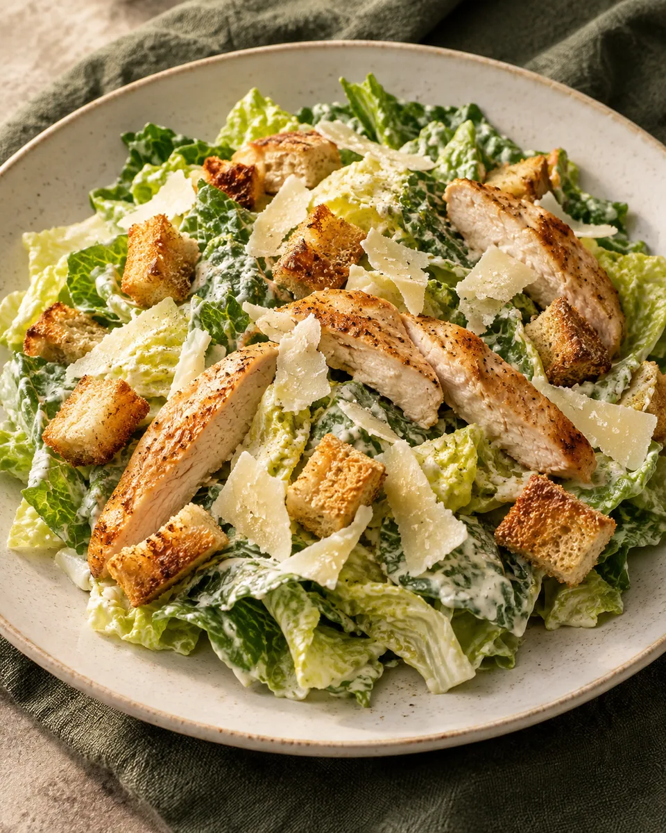 Caesar Salad mit Hähnchenstreifen, Croûtons und Parmesanspänen