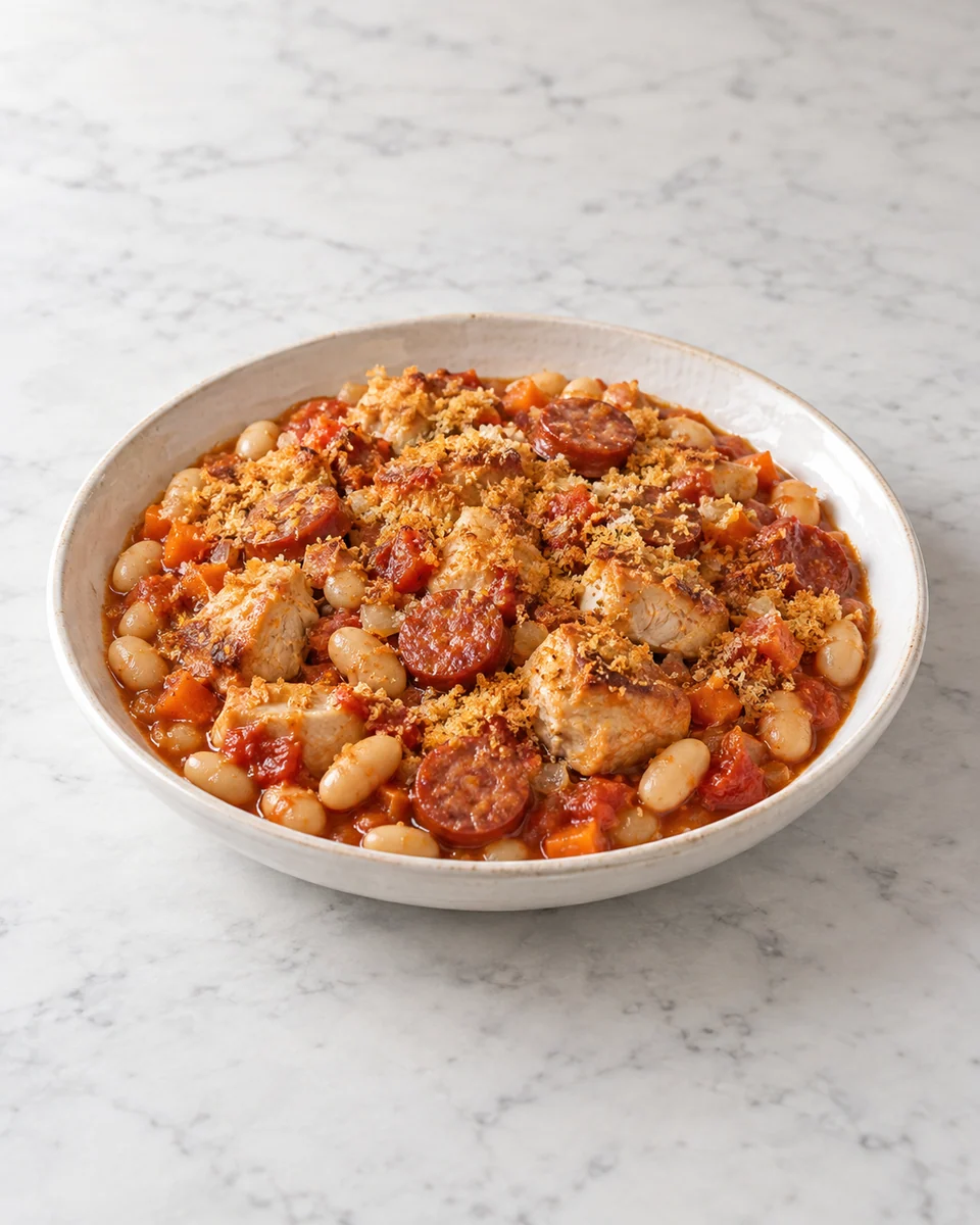 KI-generierte Rezeptdarstellung: Cassoulet mit weißen Bohnen, Hähnchenstücken, Cabanossi und Möhren unter einer dünnen goldbraunen Bröselkruste.