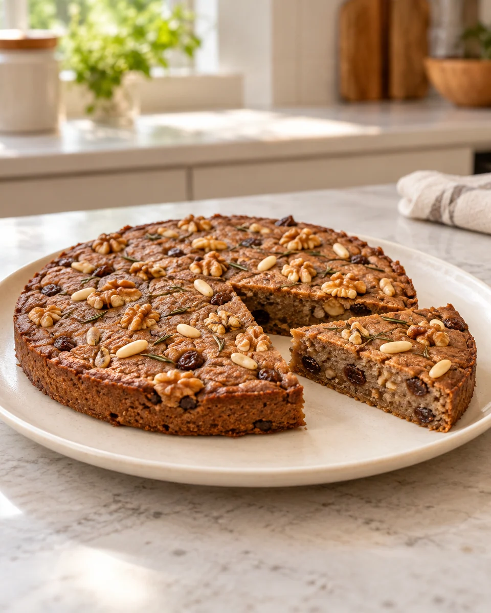 KI-generierte Darstellung: flacher Kastanienmehlkuchen mit Rosinen, Nüssen und wenig Rosmarin