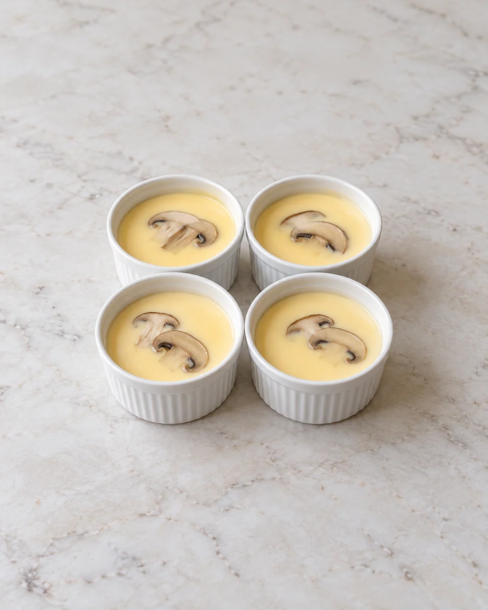 KI-generierte Rezeptdarstellung: Vier kleine 200-ml-Keramikförmchen mit glatter blassgelber gedämpfter Ei-Dashi-Creme und wenigen dünnen braunen Champignonscheiben; keine Luftlöcher, Kräuter, Garnelen oder Fischstücke.