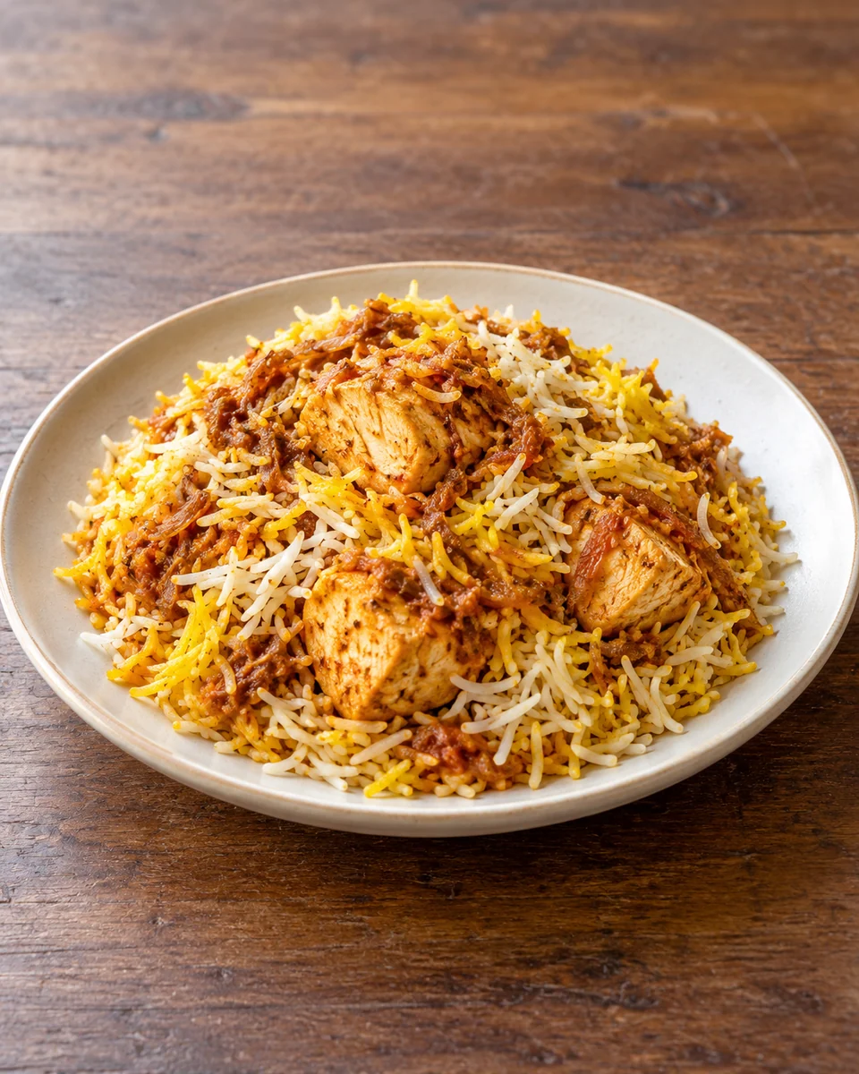 KI-generierte Darstellung: Chicken Biryani.