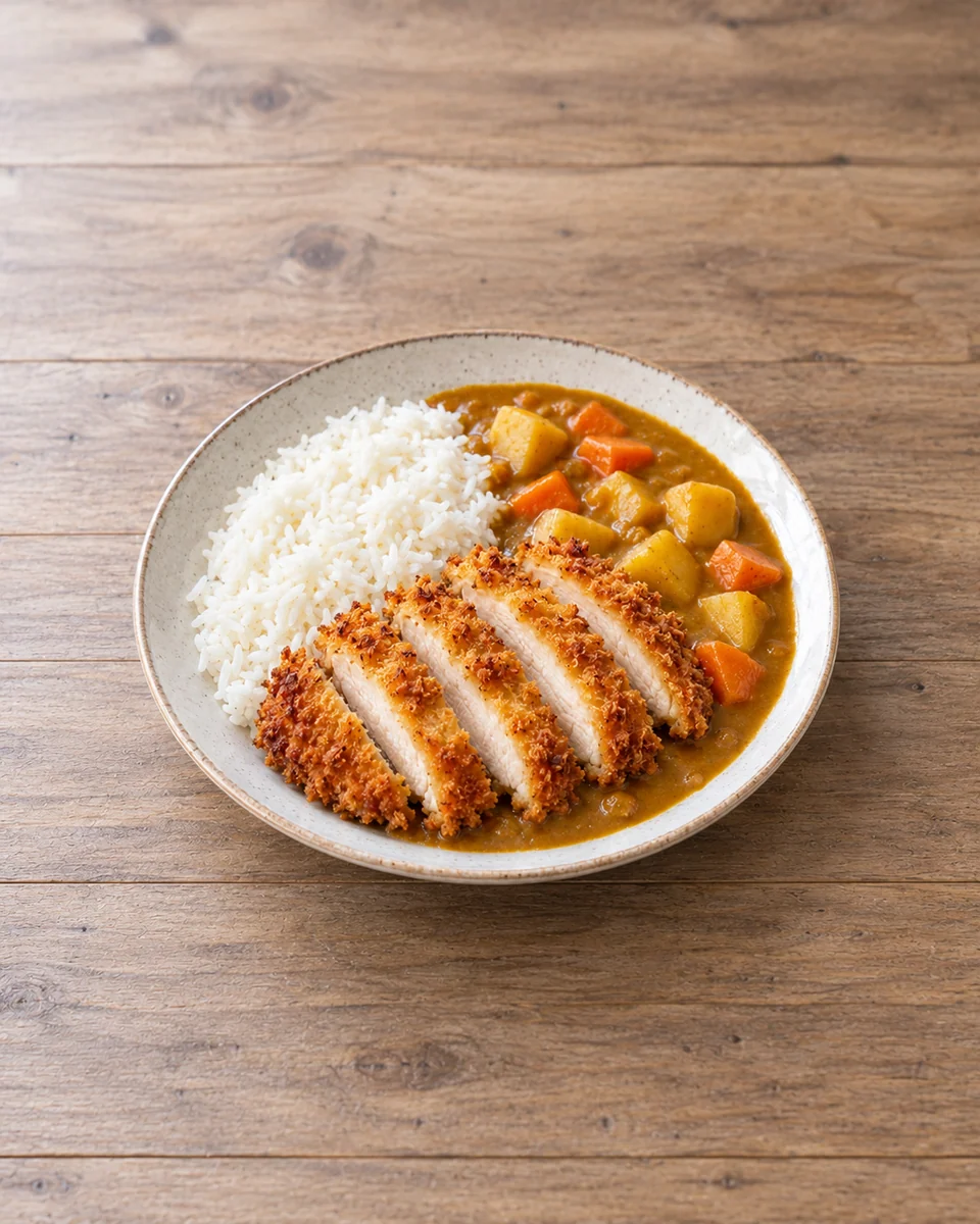 KI-generierte Rezeptdarstellung: Ein Teller mit weißem Langkornreis, milder ockerbrauner Kartoffel-Möhren-Currysauce und goldbraunem grob mit Panko paniertem Hähnchen-Katsu in breiten Streifen; Fleischanschnitt vollständig weiß und saftig, keine weiteren Garnituren.