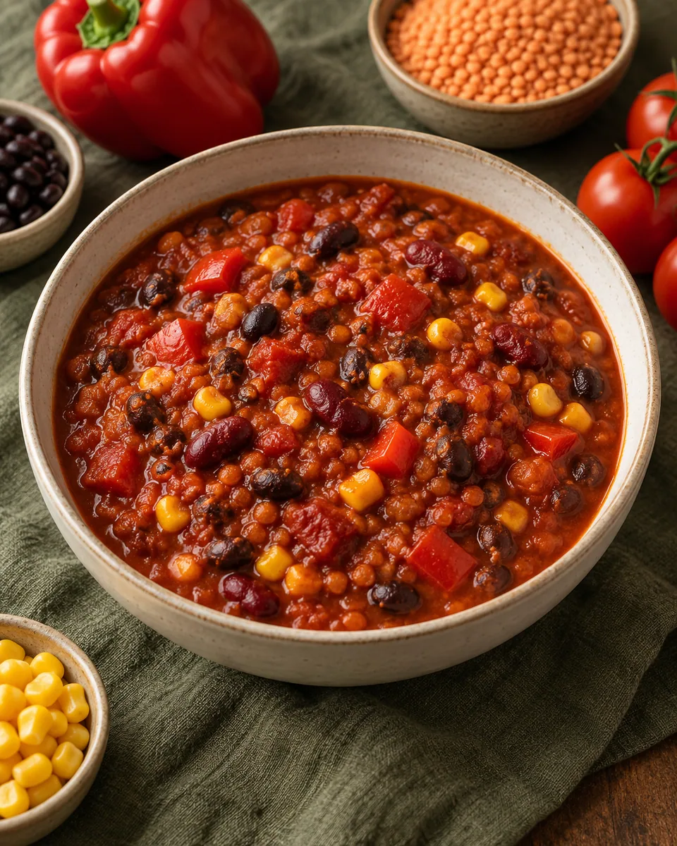 Veganes Chili mit schwarzen Bohnen, Kidneybohnen, Mais und roten Linsen