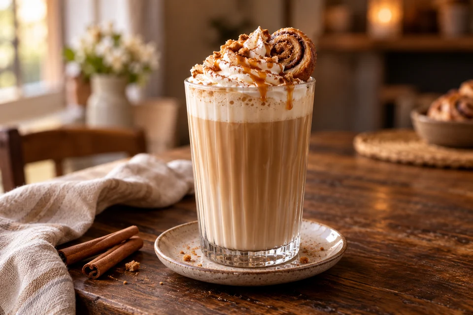 Warmer Cinnamon Roll Latte mit Sahne, Zimt, feiner Karamellsauce und kleinem Zimtschneckenstück