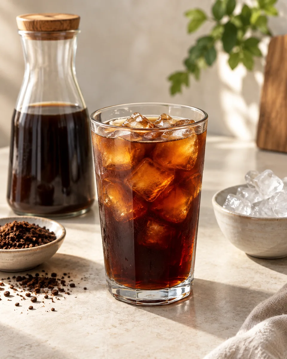 Cold Brew Kaffee aus dem Kühlschrank frisch angerichtet nach dem Rezept