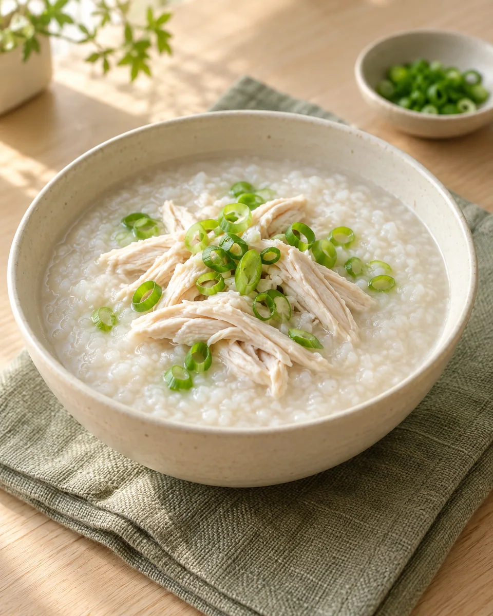 Congee mit Hähnchen und Frühlingszwiebeln – KI-generierte Rezeptillustration