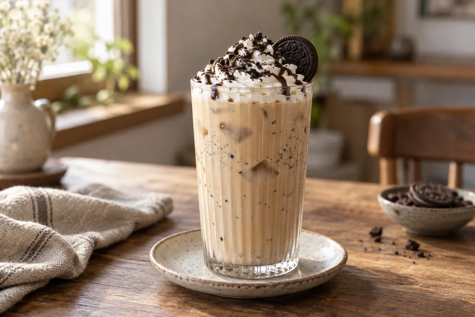 Eisgekühlter Cookies & Cream Latte mit Sahne, feinen Schokoladenlinien und dunklem Sandwichkeks